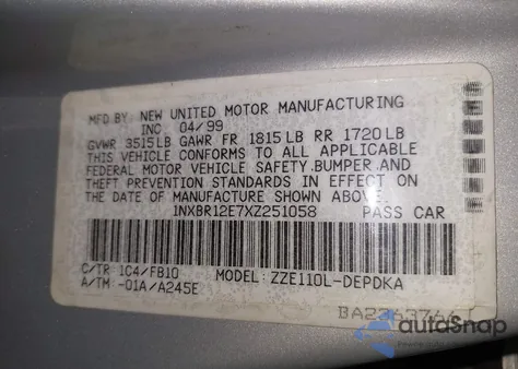 1999 Toyota Corolla Ce from USA, damaged, VIN 1NXBR12E7XZ251058